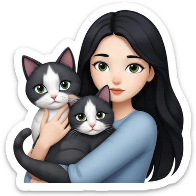 Black long hair makeup girl hug grey white cat sticker