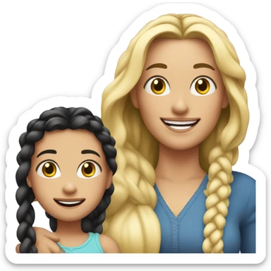 An emoji of a blonde mother with long hair, standing next to her 3-year-old daughter with black braided hair, both smiling sticker