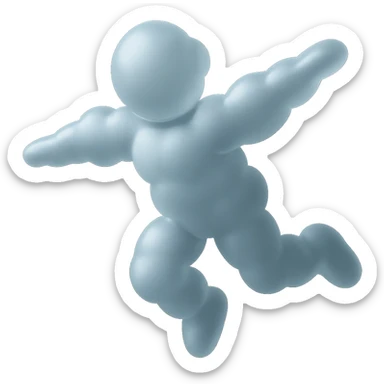 flying person with body and limbs made of small white fluffy clouds, matte glass style, no background, simple pose sticker