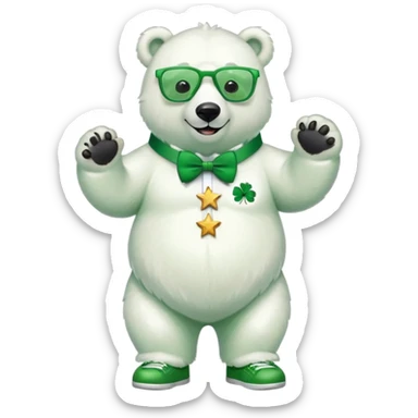 full body friendly anthropomorphised polar bear smiling, wearing large multicolored star-shaped glasses, green bow tie, shamrock pin, festive green shirt, green trainers, St. Patrick's Day sticker