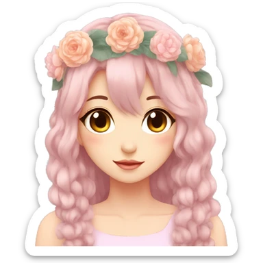 Gorgeous Pastel Anime Lady with blushing face and pretty hair with a flower crown aesthetic trending style sticker