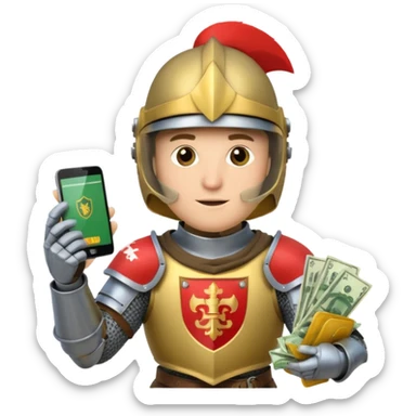 Knight with helmet holding phone and money sticker