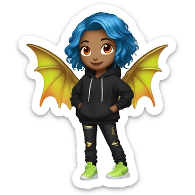 Lady with brunette and iridescent blue hair, gold, lime green dragon wings, black hoodie, bleach dyed, black and gold Nike t shirt, and bright red eyes sticker
