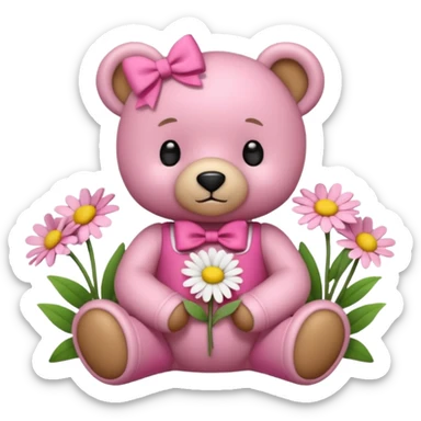 small teddy bear in pink clothes with a bow, holding daisies, sitting among flowers, soft lighting, pink background, 3D iOS emoji style sticker