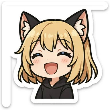 chibi anime catgirl with black and white cat ears, blonde hair, blue eyes, white skin, cute, happy expression, Twitch emote sticker