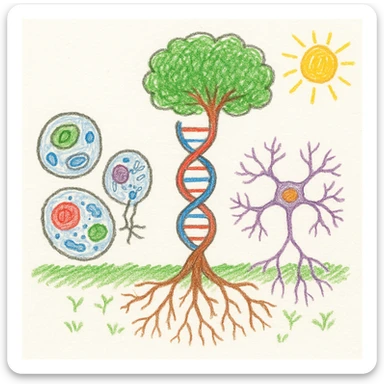 A realistic biological illustration (like in a school book) showing: DNA strands transitioning into a tree, cells with visible organelles, neurons connected to plant roots  and a balanced ecosystem background . Seamless integration, no labels or borders, white background, detailed but minimalist.  sticker