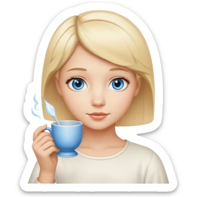 angelic blonde girl with short hair and blue eyes holds a cup sticker