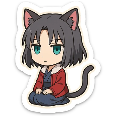 chibi Ryougi Shiki with cat ears and cat tail, Mystic Eyes of Death Perception, neutral expression, calm and enigmatic, true to her personality sticker