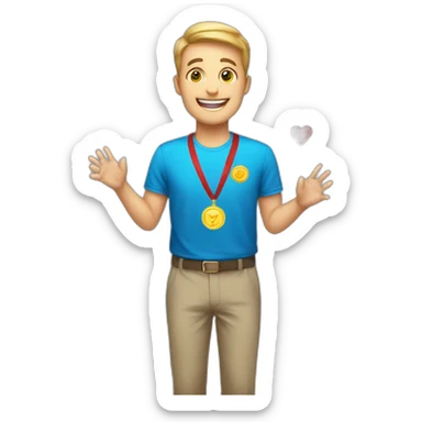 A happy man presenting a medal with hearts sticker
