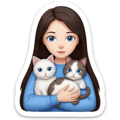 a girl with long dark 
brown hair, with blue eyes, in a
white sweater, hugs 3 different natural coloured cats sticker