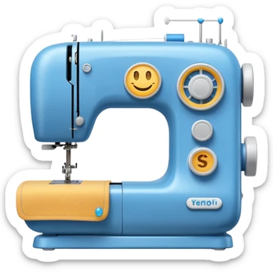 Emoji of a modern sewing machine inspired by a Brother machine. Soft, rounded shapes in the style of Apple emojis, with subtle gradients and soft shadows. White body with light gray details, a blue thread spool on top, a small digital screen and a round dial. sticker