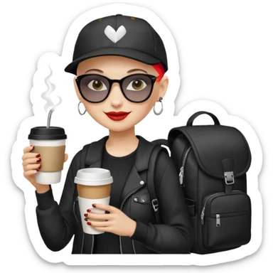 ["A happy woman with light skin, bald, wearing a baseball cap and sunglasses, dressed in goth fashion, is drinking coffee while holding a backpack."] sticker