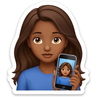 chica con el pelo castaño, largo, ligeramente ondulado, ojos marrón oscuro, estilo emoji de iPhone sticker