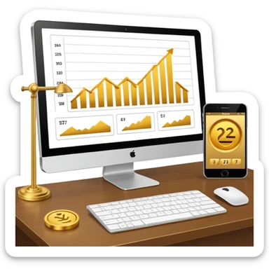 Mach mir einen schreibtisch mit einem bildschirm drauf wo mann einen Chart sieht von Gold sticker