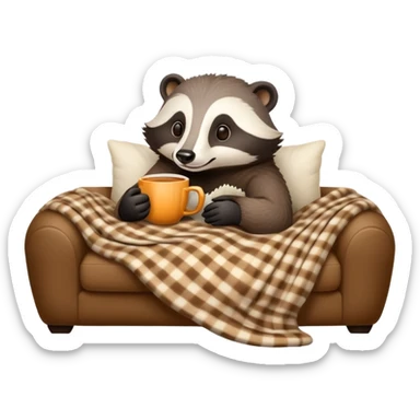 A cozy badger lounging on a plush couch, holding a cup of tea, with a warm blanket draped over its legs, surrounded by soft pillows, in a relaxed and comfy setting. sticker