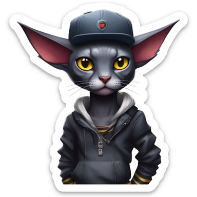 Cool Anthro Bat-Litten-Sphynx-Pokémon with edgy stripes collar punk techwear cool fiddler-hat Full Body sticker