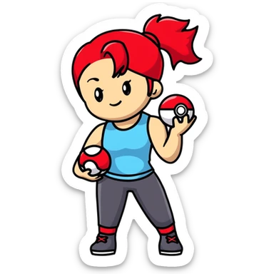 female pokemon trainer with red hair in a ponytail, holding a pokeball, confident pose sticker