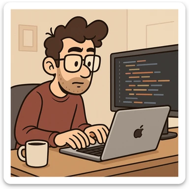 a programmer sitting at a desk with a MacBook, typing code, minimalist flat style sticker