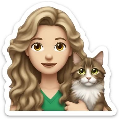 White brunette long wavy hair woman with green eyes holding a brown Maine coon cat  sticker