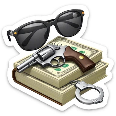 Icon for Action & Crime Reading: an open book, a revolver, handcuffs. Surrounding elements include a dark alley, a police badge, and a pair of sunglasses. The icon should evoke tension, suspense, and action. a stack of cash. Transparent background. sticker