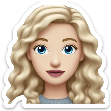 Woman with long wavy dark blonde hair, blue eyes, pale skin, long eyelashes, pink lipstick, pink blush, gray sweater sticker