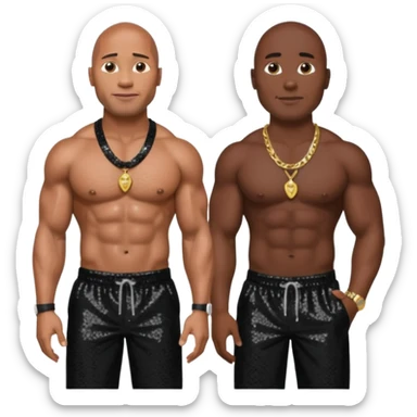 Dwayne Johnson with black sequin baggy pants, shirtless with necklace, dark brown hair sticker