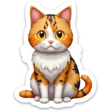 full body colourful calico tabby cat with skinny head and fat body with an anxious face sticker