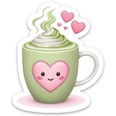White ceramic mug of matcha latte with heart froth, pastel pink backdrop sticker