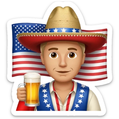 White man with an American flag sombrero drinking a beer sticker