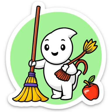 Friendly broom character sweeping through intestines, representing how fiber cleans the digestive system, surrounded by healthy food symbols sticker