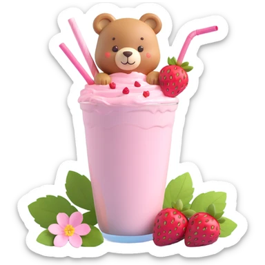 strawberry milkshake cup with a straw, cute bear peeking out, two strawberries with green leaves, pink cherry blossom flowers, pastel colors, soft shadows, clean and minimalistic design, 3D iOS style sticker