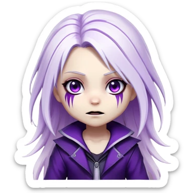 Chibi Sable Ward from Dead by Daylight with long white hair with purple streaks and fully purple eyes, detailed and expressive, cute exaggerated style with large expressive eyes and clear emotion sticker