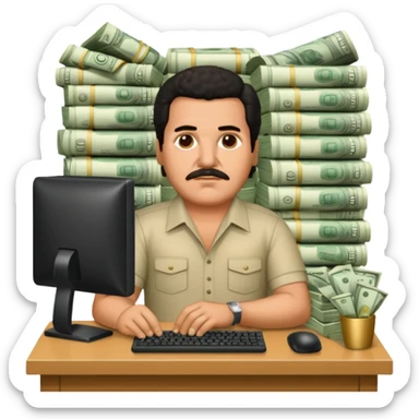 drug lord Pablo escobar using computer with money wallpaper as background sticker