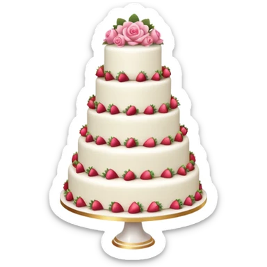 white wedding cake with strawberries, pink roses, gold ring topper sticker