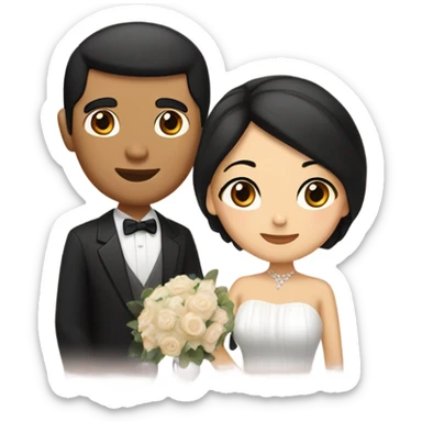 Brown eyes tan Asian man with brown eye black hair light fair skin woman in love in wedding  sticker