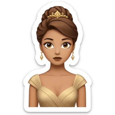 Woman using a long elegant dress. She has medium skin tone and a brown with gold makeup sticker