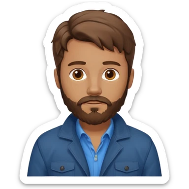 Avatar of a bearded man with wavy brown hair, wearing a brown jacket over a blue shirt, on a light blue background. sticker