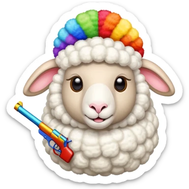 a sheep holding two guns and wearing a childish colorful propeller hat  sticker