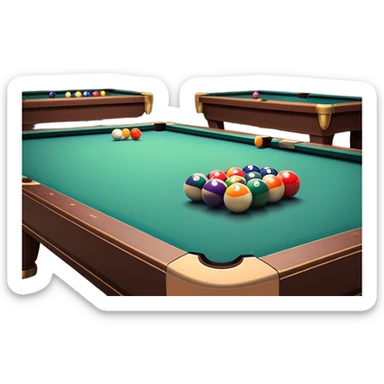 A well-arranged pool table with colorful billiard balls neatly placed, and a cue stick poised to take a shot. The setting is a dimly lit room with a focused atmosphere, highlighting the precision and strategy involved in the game of billiards. sticker
