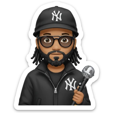 African American Man with shoulder length black dreadlocks with black beard wearing black sunglasses wearing a black bubble winter coat and a New York Yankees logo baseball cap in recording studio sticker