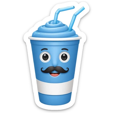 paper blue cup and white straw, the cup has eyes and mouth and mustache sticker