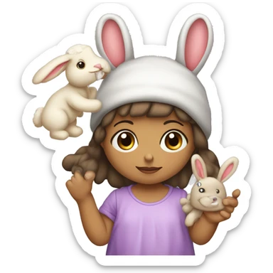 Niña 18 meses con chupete y con muñeco de conejo de trapo en la mano sticker