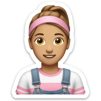 A skin white woman with brown hair in pony tail wearing white headband, pink t shirt and overalls  sticker