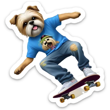 shi tzu wearing jnco jeans and limp bizkit graphic tee while skateboarding and doing a kickflip sticker
