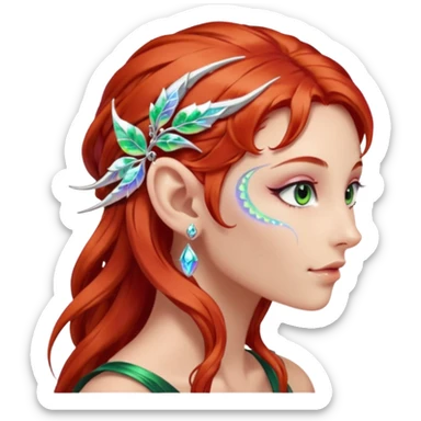 portrait of red haired Elvish fae shiny sparkly iridescent translucent diaphanous ear climber ear cuff sticker