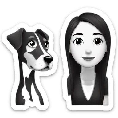 dog and a dark-haired girl looking at each other in style of ((sarah andersen)), black and white sticker