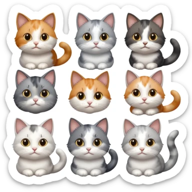 6 realistic looking cats with different natural coloured coats, assorted grey and white, greys, calico, brown and white colours etc
 sticker