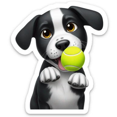 Black and white dog playing with a Tennis ball sticker