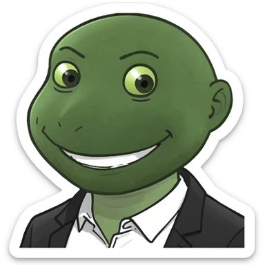 Fat white man, black hair parted in the middle to the shoulders smiling, white shirt and black jacket sticker