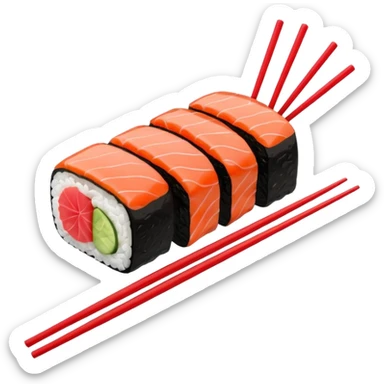 Japanese cuisine humanless avatar in minimalist emoji-style illustration. Sushi, roll and 2 chopsticks, clean lines, red white colors, flat design, calm and modern. sticker